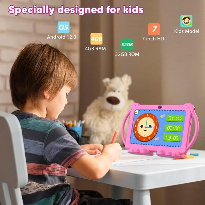 HOTTABLET Kids Tablet 7 inch Android 12, 4GB RAM 32GB ROM, 512GB Expandsion, with Parental Control, WiFi, Bluetooth, Dual Camera with Silicone Case, 1PCS(Pink) - Image 4